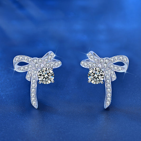 925 Sterling Silver Bow Stud Earrings with 0.5ct Moissanite Micro-Paved Minimalist Elegant Jewelry for Women