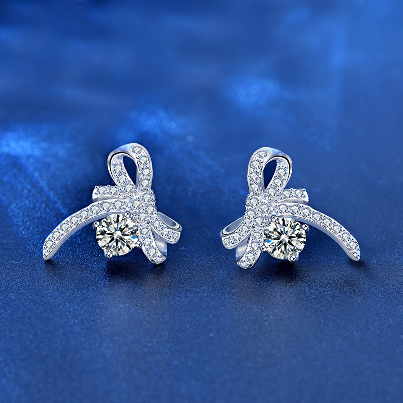925 Sterling Silver Bow Stud Earrings with 0.5ct Moissanite Micro-Paved Minimalist Elegant Jewelry for Women