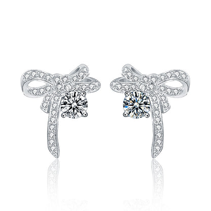 925 Sterling Silver Bow Stud Earrings with 0.5ct Moissanite Micro-Paved Minimalist Elegant Jewelry for Women