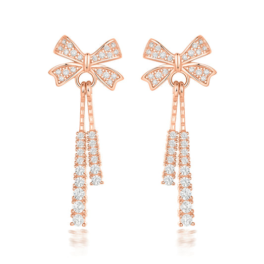 925 Sterling Silver Bow Tassel Earrings for Women Elegant Zircon Stud Earrings in White Gold Rose Gold and Yellow Gold