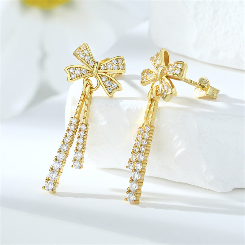 925 Sterling Silver Bow Tassel Earrings for Women Elegant Zircon Stud Earrings in White Gold Rose Gold and Yellow Gold