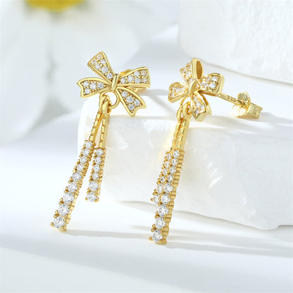 925 Sterling Silver Bow Tassel Earrings for Women Elegant Zircon Stud Earrings in White Gold Rose Gold and Yellow Gold