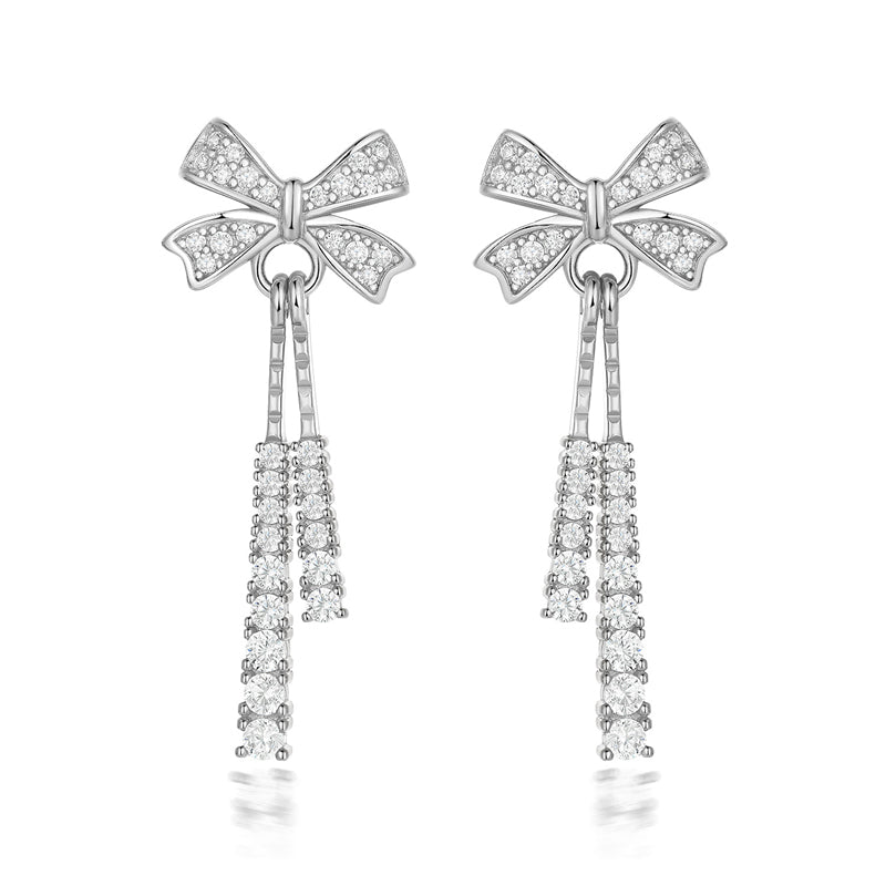 925 Sterling Silver Bow Tassel Earrings for Women Elegant Zircon Stud Earrings in White Gold Rose Gold and Yellow Gold