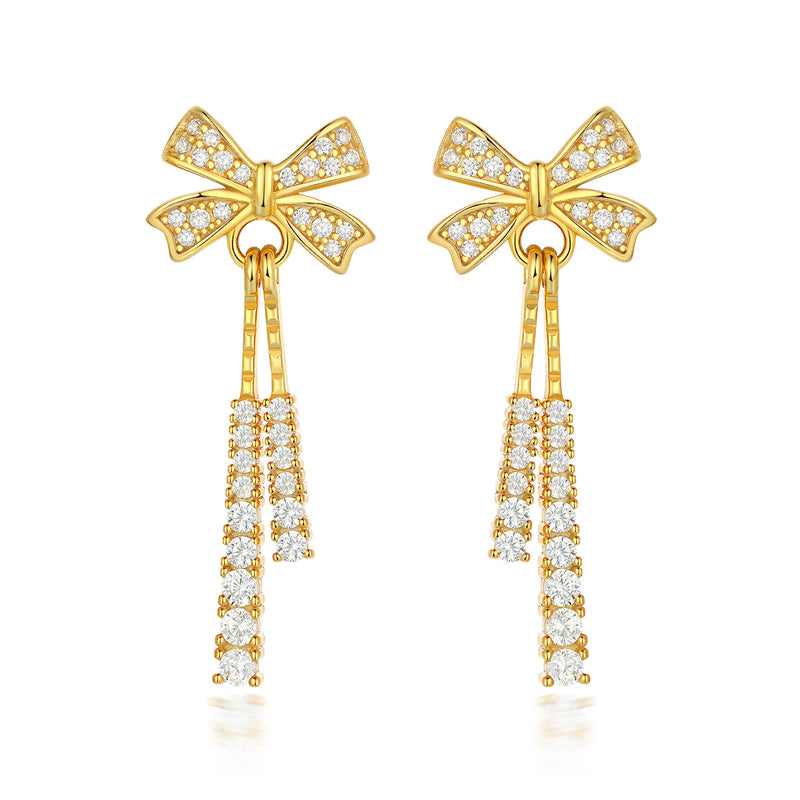 925 Sterling Silver Bow Tassel Earrings for Women Elegant Zircon Stud Earrings in White Gold Rose Gold and Yellow Gold