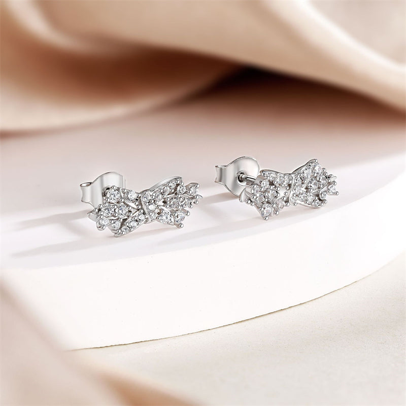 925 Sterling Silver Bow Wing Earrings for Women Elegant Zircon Accented Stud Earrings White Gold Plated