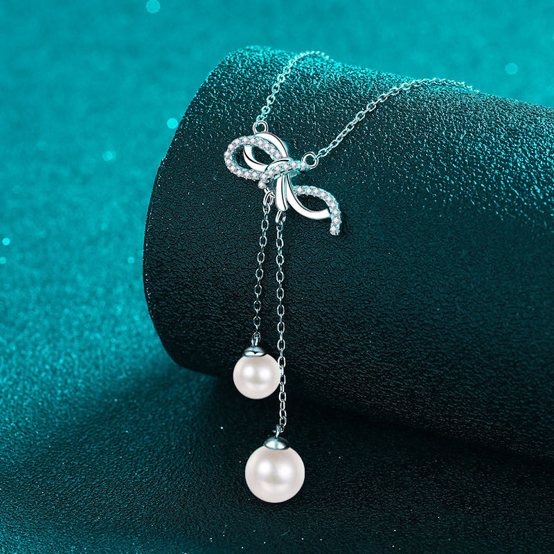 925 Sterling Silver Bow & Tassel Necklace - 15.7-Point Moissanite & 6/8mm Pearl Elegant Layered Choker