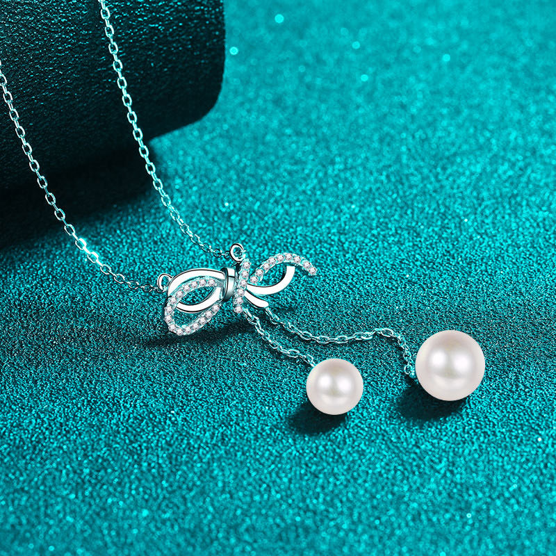 925 Sterling Silver Bow & Tassel Necklace - 15.7-Point Moissanite & 6/8mm Pearl Elegant Layered Choker