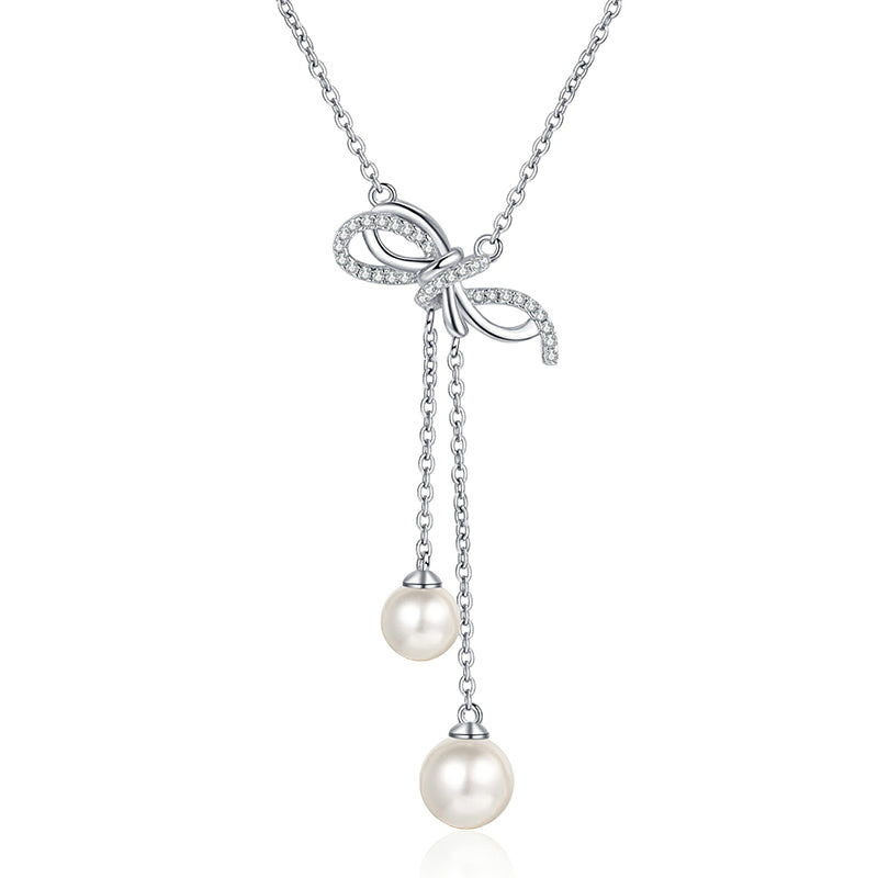 925 Sterling Silver Bow & Tassel Necklace - 15.7-Point Moissanite & 6/8mm Pearl Elegant Layered Choker