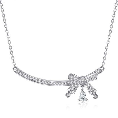 925 Sterling Silver Bow & Teardrop Pendant Necklace - Elegant SKA Collarbone Chain