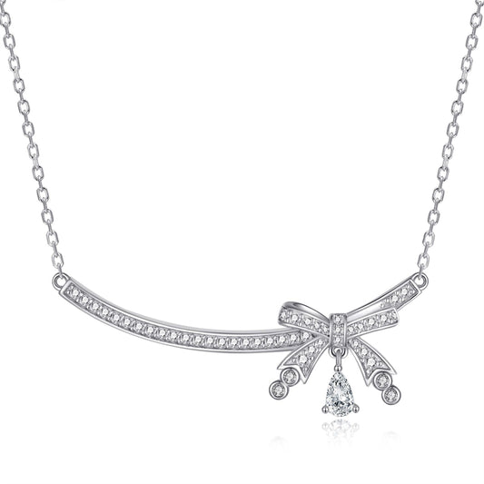 925 Sterling Silver Bow & Teardrop Pendant Necklace - Elegant SKA Collarbone Chain