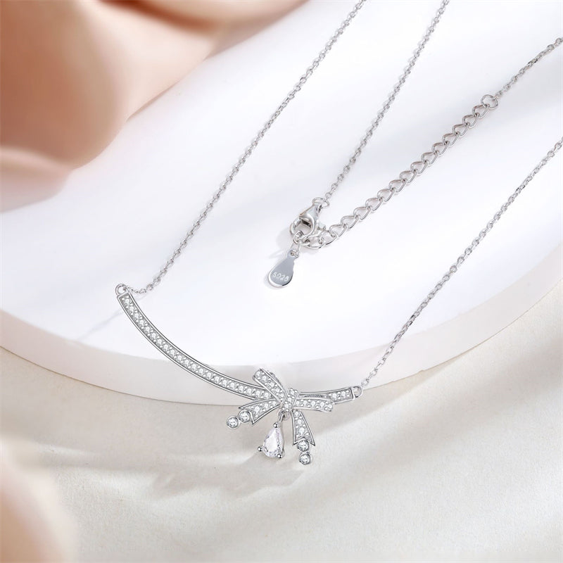 925 Sterling Silver Bow & Teardrop Pendant Necklace - Elegant SKA Collarbone Chain