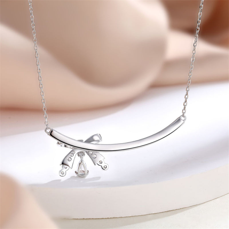 925 Sterling Silver Bow & Teardrop Pendant Necklace - Elegant SKA Collarbone Chain