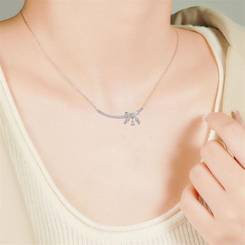 925 Sterling Silver Bow & Teardrop Pendant Necklace - Elegant SKA Collarbone Chain