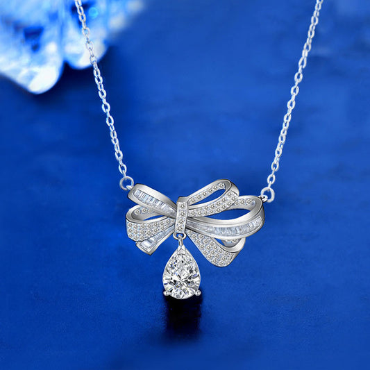 925 Sterling Silver Bow & Teardrop Pendant Necklace with Moissanite Cross Chain Women's Bold Statement Jewelry