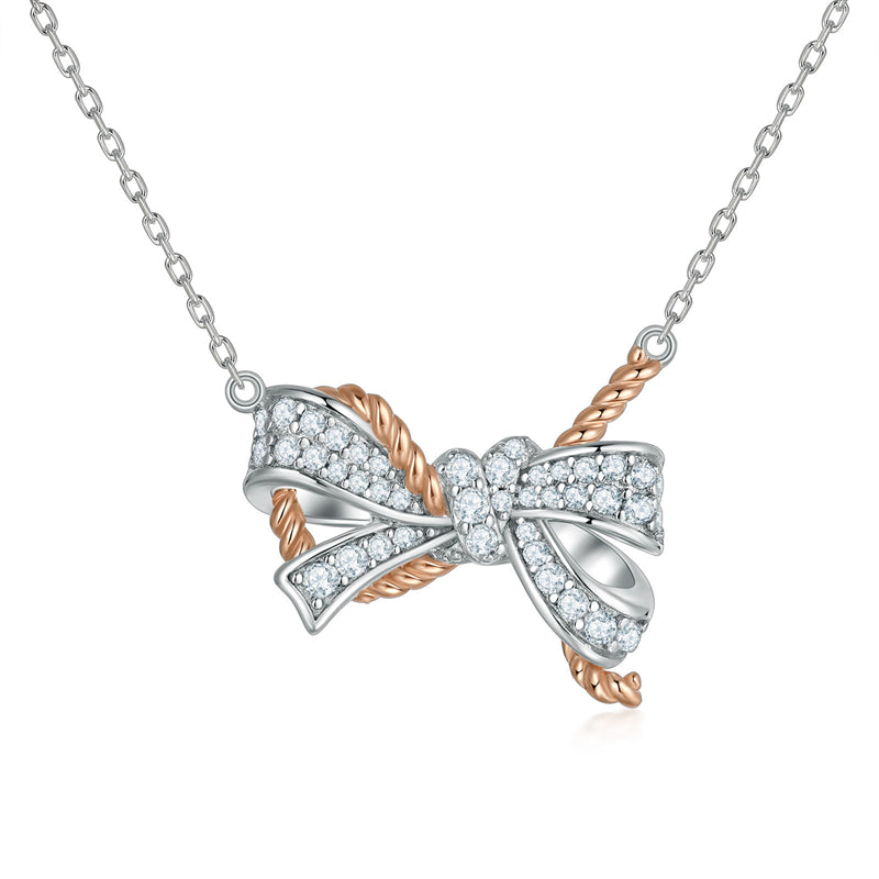 925 Sterling Silver Braided Bow Pendant Necklace - Elegant Two-Tone Collarbone Chain