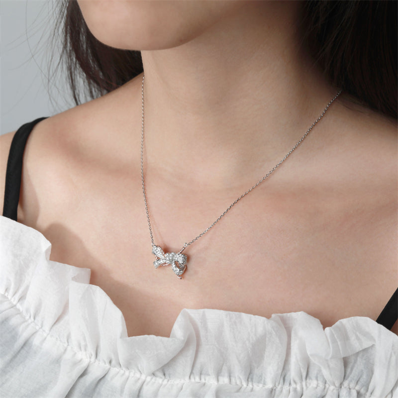 925 Sterling Silver Braided Bow Pendant Necklace - Elegant Two-Tone Collarbone Chain