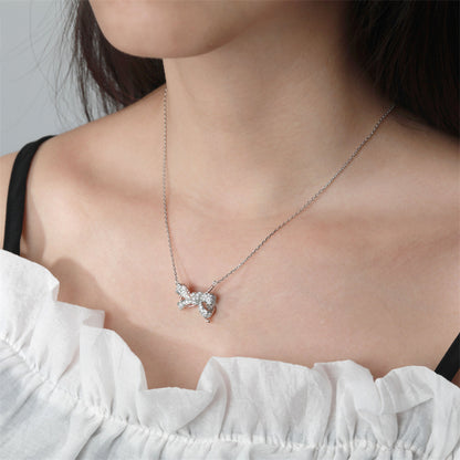 925 Sterling Silver Braided Bow Pendant Necklace - Elegant Two-Tone Collarbone Chain