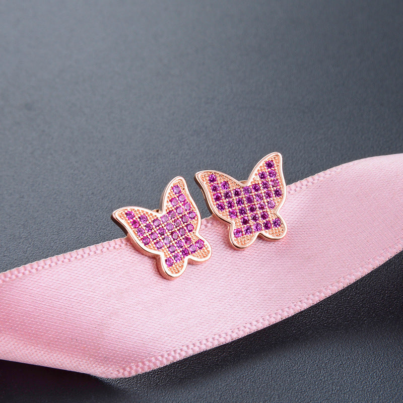 925 Sterling Silver Butterfly Diamond Stud Earrings - Korean Style Geometric Earrings with Plastic Backs