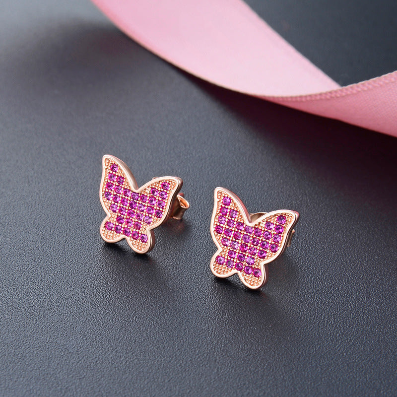 925 Sterling Silver Butterfly Diamond Stud Earrings - Korean Style Geometric Earrings with Plastic Backs