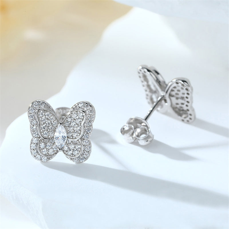 925 Sterling Silver Butterfly Stud Earrings – Elegant Zircon Bow Design for Women