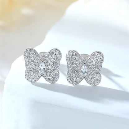 925 Sterling Silver Butterfly Stud Earrings – Elegant Zircon Bow Design for Women