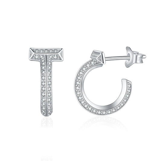 925 Sterling Silver C-Hoop Earrings - Elegant Zircon Double Circle Studs for Women