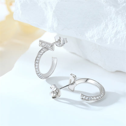 925 Sterling Silver C-Hoop Earrings - Elegant Zircon Double Circle Studs for Women