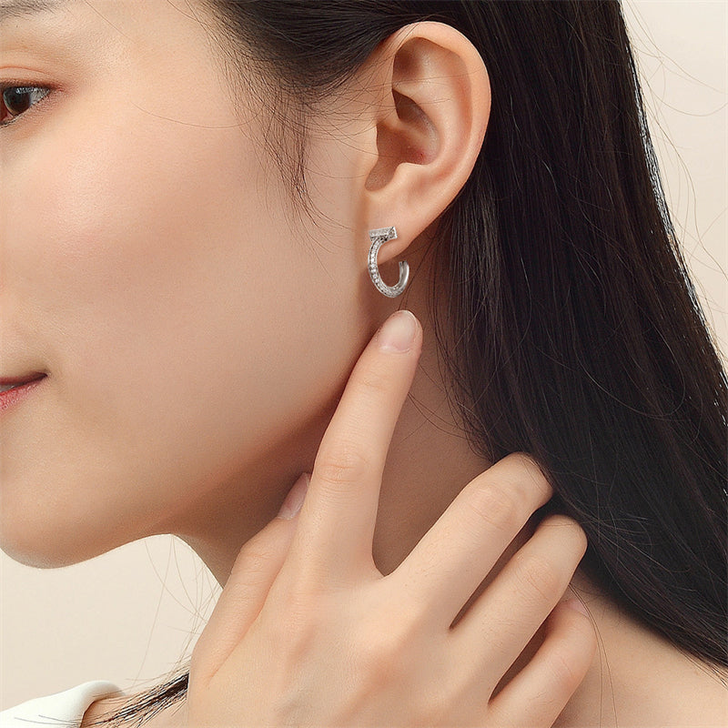 925 Sterling Silver C-Hoop Earrings - Elegant Zircon Double Circle Studs for Women