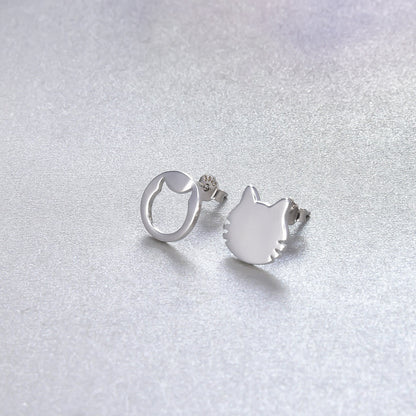 925 Sterling Silver Cat Stud Earrings - Electroplated Minimalist Animal Earrings with Plastic Stoppers