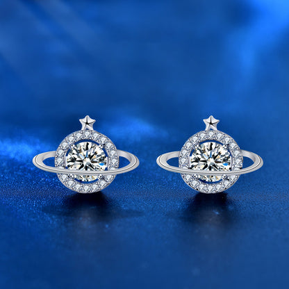 925 Sterling Silver Celestial Stud Earrings with 0.5ct White Moissanite Elegant Planet-Themed Jewelry for Women