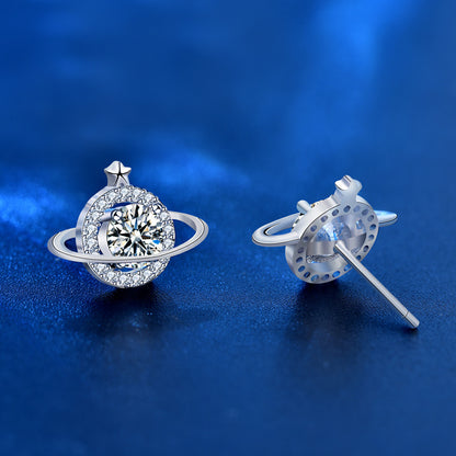 925 Sterling Silver Celestial Stud Earrings with 0.5ct White Moissanite Elegant Planet-Themed Jewelry for Women