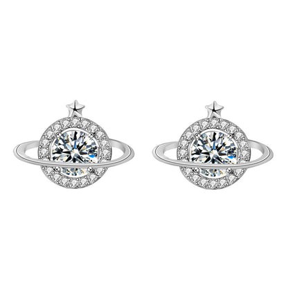 925 Sterling Silver Celestial Stud Earrings with 0.5ct White Moissanite Elegant Planet-Themed Jewelry for Women