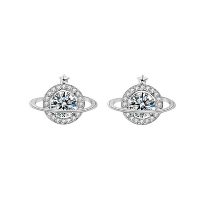 925 Sterling Silver Celestial Stud Earrings with 0.5ct White Moissanite Elegant Planet-Themed Jewelry for Women