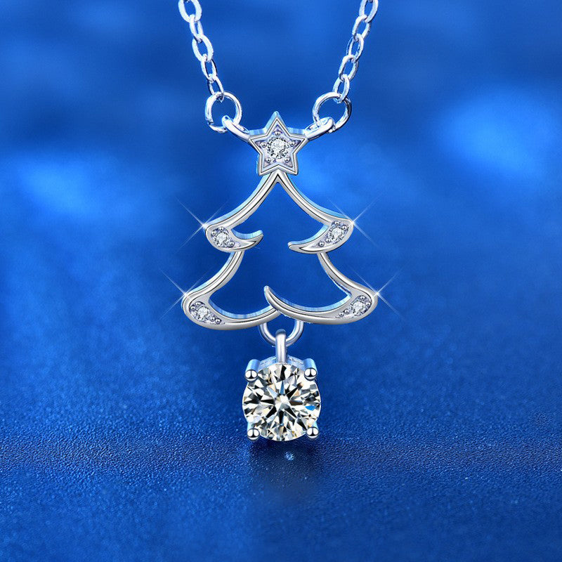 925 Sterling Silver Christmas Bell Pendant Necklace with 0.5ct Moissanite Cross Chain Women's Holiday Jewelry