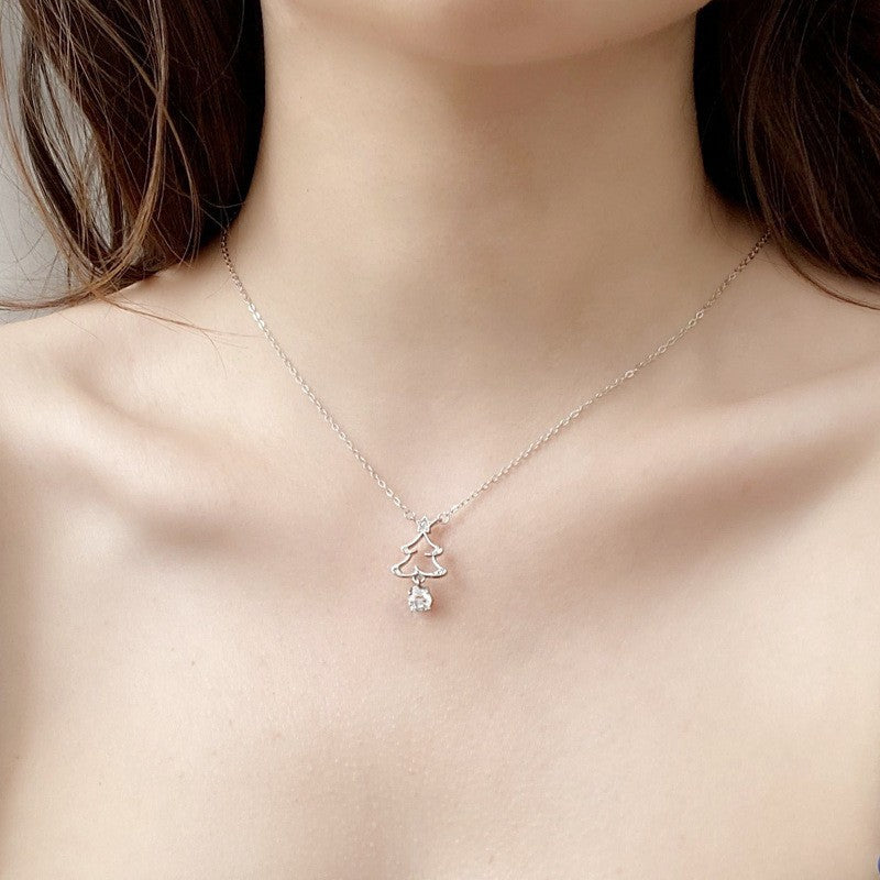 925 Sterling Silver Christmas Bell Pendant Necklace with 0.5ct Moissanite Cross Chain Women's Holiday Jewelry