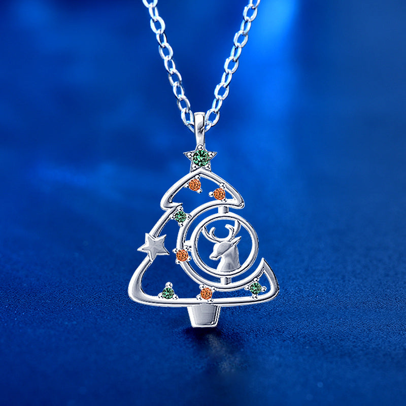 925 Sterling Silver Christmas Tree Pendant Necklace - Micro-Paved Zircon Cross Chain in White Gold/Rose Gold Plated (16-20 Inch