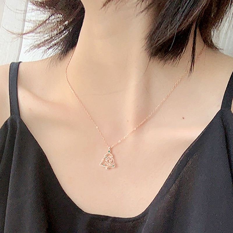 925 Sterling Silver Christmas Tree Pendant Necklace - Micro-Paved Zircon Cross Chain in White Gold/Rose Gold Plated (16-20 Inch