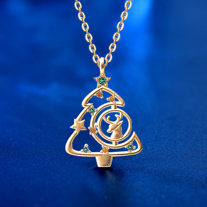 925 Sterling Silver Christmas Tree Pendant Necklace - Micro-Paved Zircon Cross Chain in White Gold/Rose Gold Plated (16-20 Inch