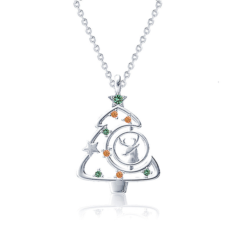 925 Sterling Silver Christmas Tree Pendant Necklace - Micro-Paved Zircon Cross Chain in White Gold/Rose Gold Plated (16-20 Inch