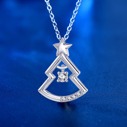 925 Sterling Silver Christmas Tree Pendant Necklace for Women-White Gold/Rose Gold Plated Cross Chain, Dainty Holiday Jewelry Gift