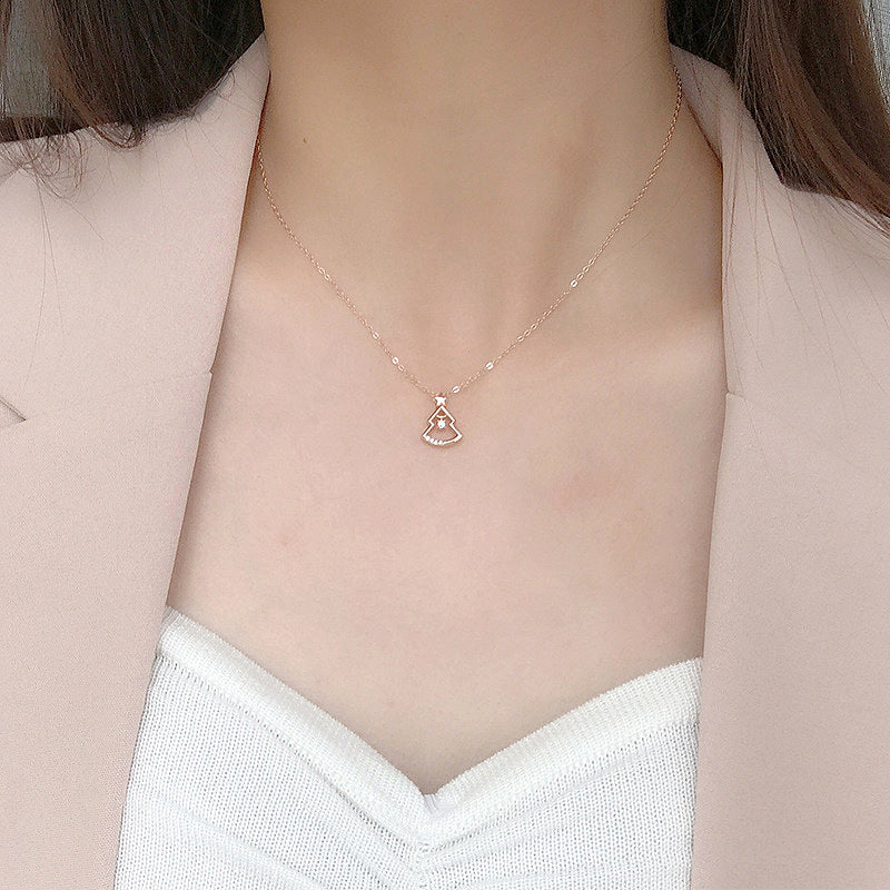 925 Sterling Silver Christmas Tree Pendant Necklace for Women-White Gold/Rose Gold Plated Cross Chain, Dainty Holiday Jewelry Gift