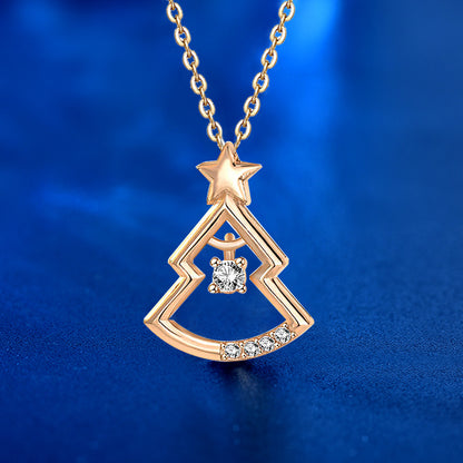 925 Sterling Silver Christmas Tree Pendant Necklace for Women-White Gold/Rose Gold Plated Cross Chain, Dainty Holiday Jewelry Gift