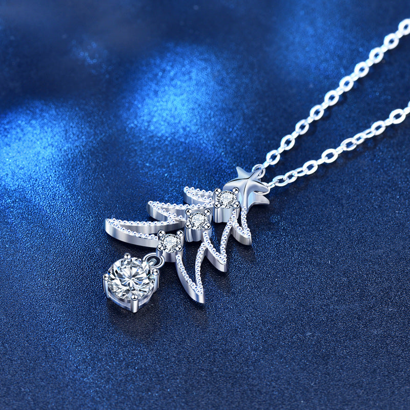 925 Sterling Silver Christmas Tree Pendant Necklace with 0.5ct Moissanite Cross Chain Women's Holiday Jewelry