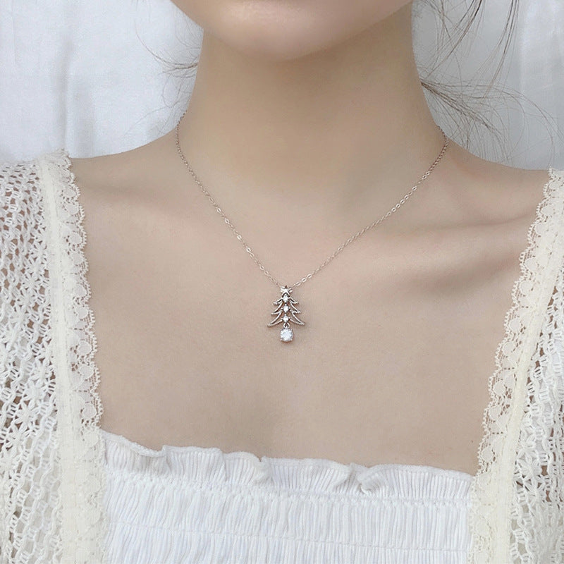 925 Sterling Silver Christmas Tree Pendant Necklace with 0.5ct Moissanite Cross Chain Women's Holiday Jewelry