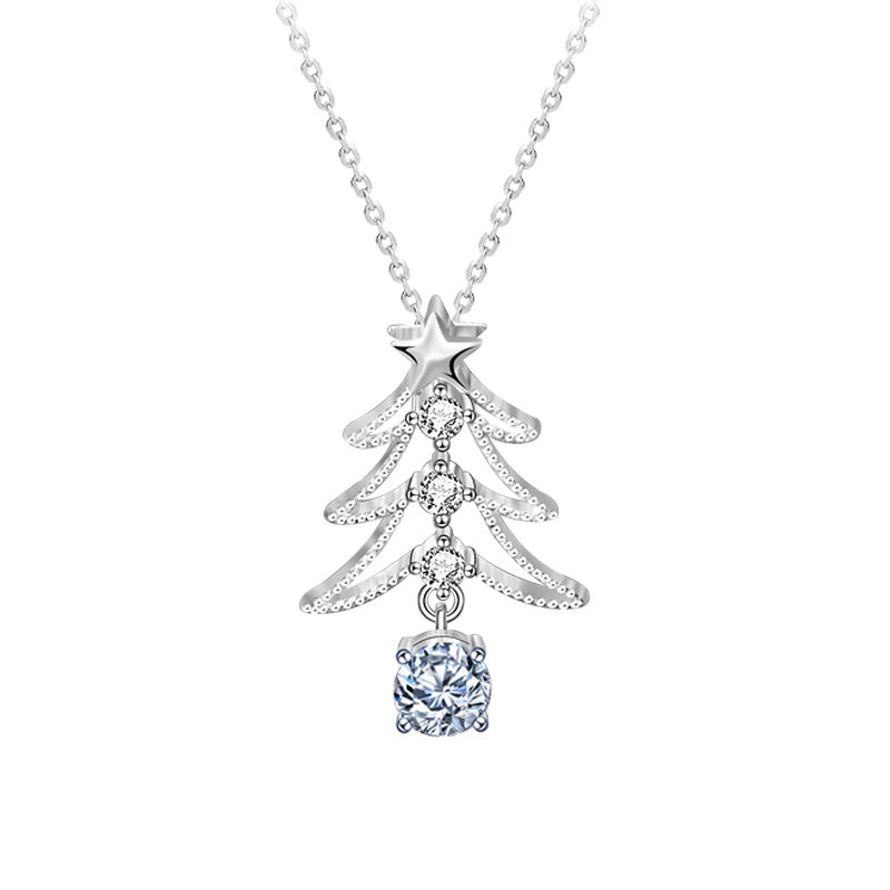 925 Sterling Silver Christmas Tree Pendant Necklace with 0.5ct Moissanite Cross Chain Women's Holiday Jewelry