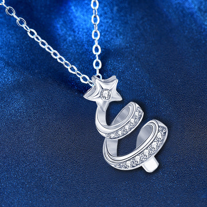 925 Sterling Silver Christmas Tree Pendant Necklace with Zircon Cross Chain Women's Edgy Sweet Jewelry