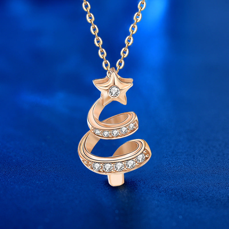 925 Sterling Silver Christmas Tree Pendant Necklace with Zircon Cross Chain Women's Edgy Sweet Jewelry