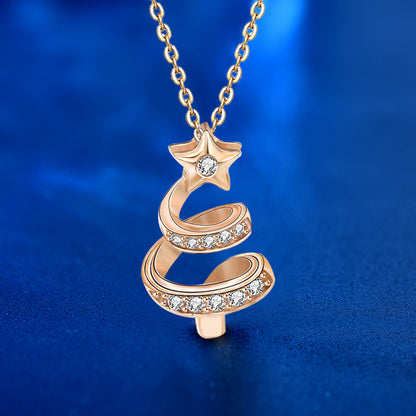 925 Sterling Silver Christmas Tree Pendant Necklace with Zircon Cross Chain Women's Edgy Sweet Jewelry