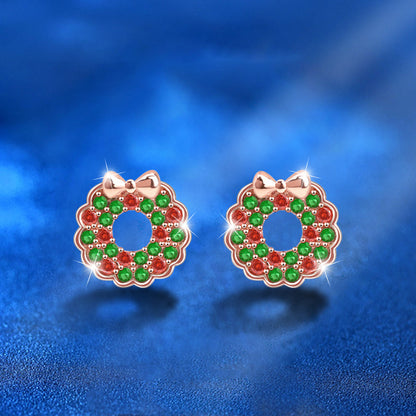 925 Sterling Silver Christmas Wreath Stud Earrings Rose Gold Plated Holiday Jewelry Gift Set for Women