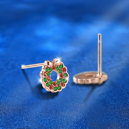 925 Sterling Silver Christmas Wreath Stud Earrings Rose Gold Plated Holiday Jewelry Gift Set for Women